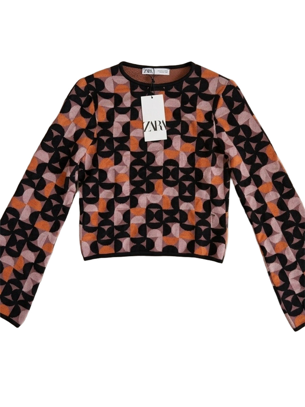 Zara Orange Black Geometric Jacquard Knit Sweater Retro Crop Bell Sleeve Small